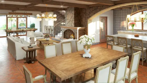 Render interior de la sala, comedor y área de billar de los Planos de casa colonial manzano, con acabados en piedra y madera.