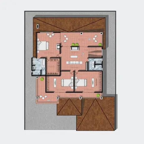 Plano Arquitectónico Planta Alta Planos de Casa Colonial Manzano Distribución de la planta alta de los Planos de casa colonial manzano con 3 recámaras, estancia y terrazas.