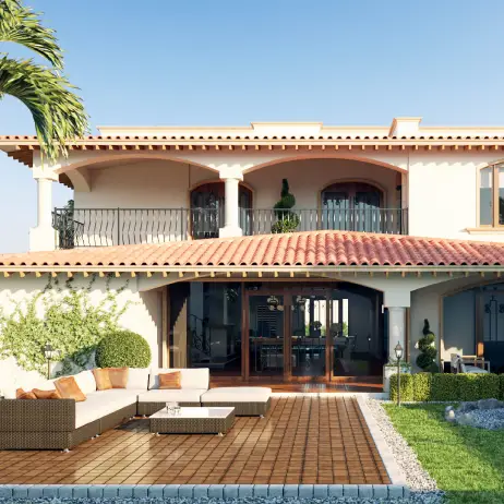 Vista Posterior y Terraza de los Planos de Casa Colonial Manzano Vista posterior de los Planos de casa colonial manzano mostrando la amplia terraza exterior y el área de estar al aire libre.