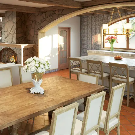 Interior Sala Comedor Billar de los Planos de Casa Colonial Manzano Render interior de la sala, comedor y área de billar de los Planos de casa colonial manzano, con acabados en piedra y madera.