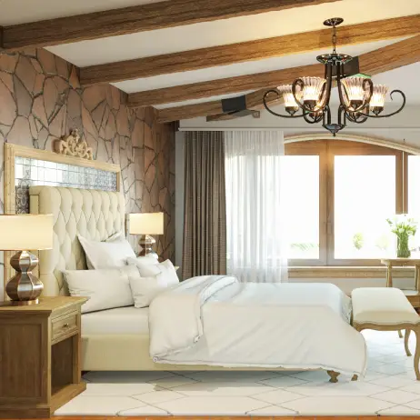 Recámara Principal de los Planos de Casa Colonial Manzano Recámara principal de lujo de los Planos de casa colonial manzano, con chimenea de piedra, techo de vigas y mobiliario elegante.