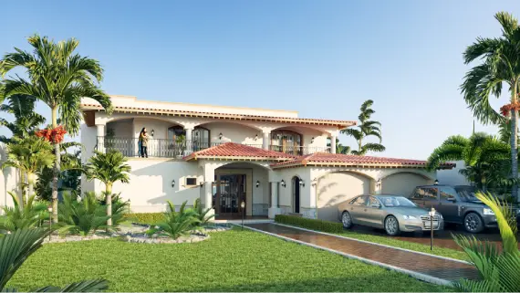 Fachada principal exterior de los Planos de casa colonial manzano, destacando el estilo colonial, el balcón con arcos y el jardín tropical.