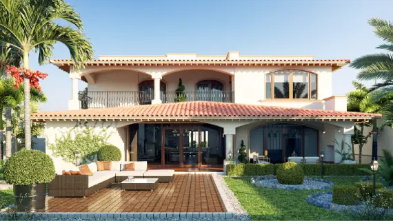 Vista posterior de los Planos de casa colonial manzano mostrando la amplia terraza exterior y el área de estar al aire libre.