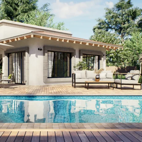 Vista frontal de los Planos de casa de 1 piso Milán con piscina y jardín