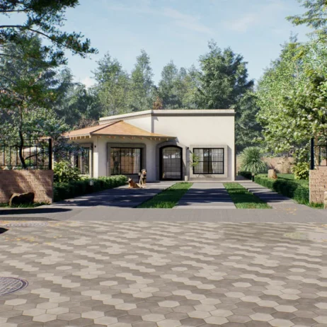 Planos de casa de 1 piso Milán: Acceso frontal y fachada. Entrada principal y acceso vehicular de los Planos de casa de 1 piso Milán.