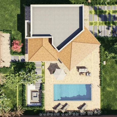 Planos de casa de 1 piso Milán: Vista aérea general del proyecto. Vista aérea de los Planos de casa de 1 piso Milán, con piscina y áreas verdes.