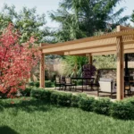 Pérgola en el jardín de los Planos de casa de 1 piso Milán con zona de comedor.