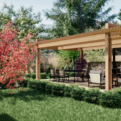 Planos de casa de 1 piso Milán: Pérgola y espacio exterior. Pérgola en el jardín de los Planos de casa de 1 piso Milán con zona de comedor.