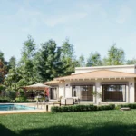 Terraza con comedor y sala de estar junto a la piscina en los Planos de casa de 1 piso Milán.
