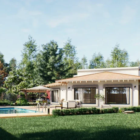 Planos de casa de 1 piso Milán: Terraza y piscina desde otro ángulo. Terraza con comedor y sala de estar junto a la piscina en los Planos de casa de 1 piso Milán.