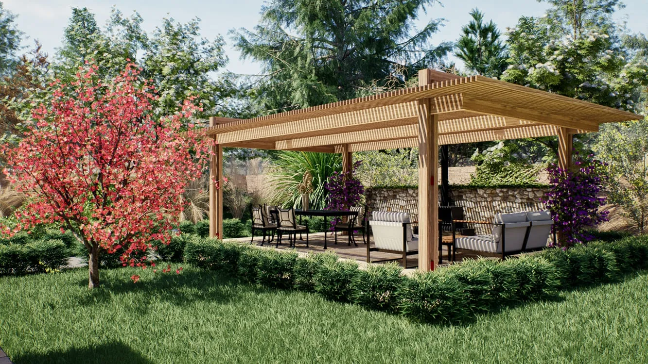 Pérgola en el jardín de los Planos de casa de 1 piso Milán con zona de comedor.