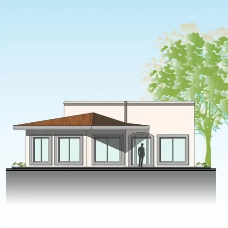 Planos de casa de 1 piso Milán: Elevación frontal. Boceto de fachada frontal de los Planos de casa de 1 piso Milán.