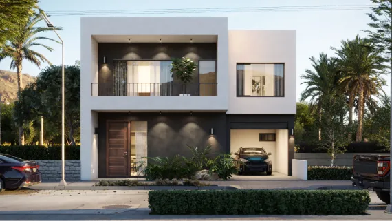 Fachada frontal moderna de los Planos de casa pequeña alegra de dos pisos y cochera.