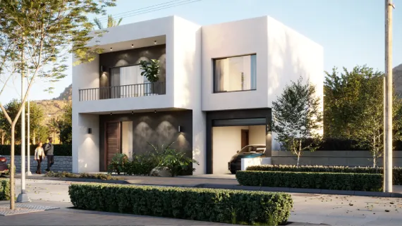 Vista amplia de la Casa Alegra en entorno urbano. Planos de casa pequeña alegra estilo moderno.