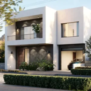 Vista amplia de la Casa Alegra en entorno urbano. Planos de casa pequeña alegra estilo moderno.