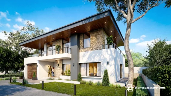 Vista frontal de planos de casa moderna de 2 pisos 15x20 con texturas de piedra, techos de madera y ventanales panorámicos.