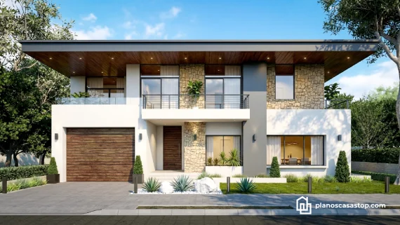 Planos de casa moderna de 2 pisos 15x20 con fachada de piedra, acabados en madera, amplio garaje y balcones elegantes.