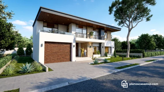 Fachada de planos de casa moderna de 2 pisos 15x20 con acabados de madera, piedra natural y amplios balcones de cristal.