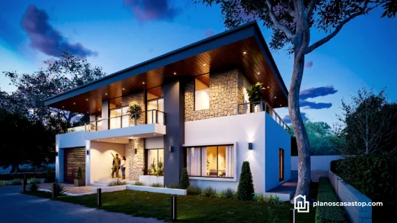 Fachada iluminada de planos de casa moderna de 2 pisos 15x20 con acabados en piedra, madera y amplios balcones de cristal.