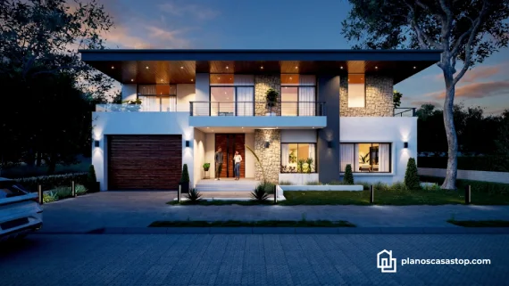 Fachada iluminada de planos de casa moderna de 2 pisos 15x20 con acabados en piedra natural, madera y amplios ventanales.