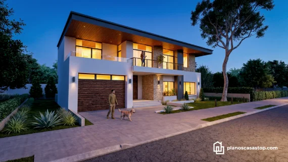 Fachada con acabados en piedra y madera según estos planos de casa moderna de 2 pisos 15x20 con amplios balcones y luces.