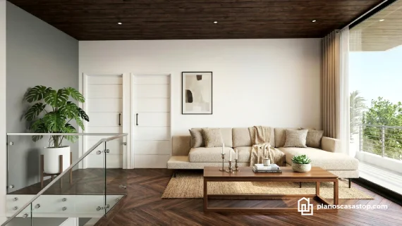 Interior del segundo nivel según planos de casa moderna de 2 pisos 15x20 con pisos de madera y barandal de cristal.