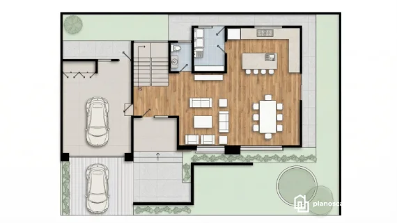 Planta baja detallada de Planos de casa moderna de 2 pisos 15x20 con cochera doble, cocina abierta y sala de estar.