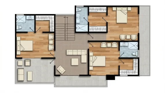 Planos de casa moderna de 2 pisos 15x20 detallando tres dormitorios con baños, sala central y amplias terrazas.