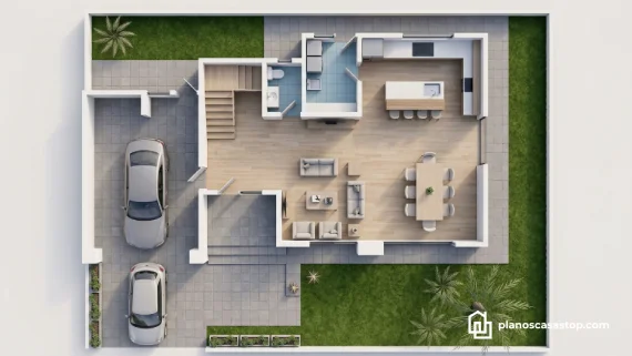 Vista superior de planos de casa moderna de 2 pisos 15x20 con garage doble, cocina en isla y jardín perimetral.