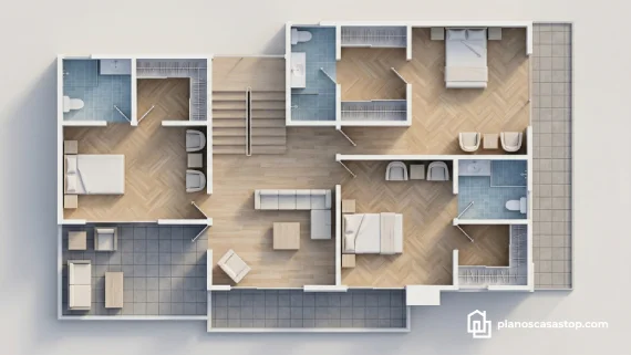 Vista aérea de planos de casa moderna de 2 pisos 15x20 con tres habitaciones, suelos de madera y amplias terrazas exteriores.