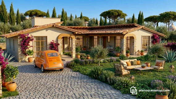 Fachada de casa mediterránea con tejas de barro y jardines, ideal para buscar planos de casa colonial cedros.