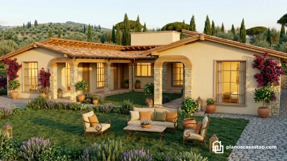 Render exterior de planos de casa colonial cedros con fachadas de piedra, techos de teja y un jardín mediterráneo acogedor.