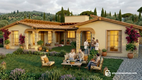 Vista de Planos de casa colonial cedros con fachadas en piedra natural, tejas de barro y jardines con flores silvestres.