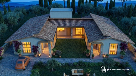 Render de planos de casa colonial cedros con patio central, techos de teja de barro y arcos de piedra en entorno rural.