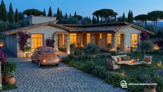 Fachada iluminada de planos de casa colonial cedros con techos de teja, columnas de piedra y un jardín mediterráneo.