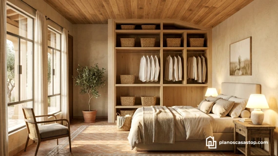 Habitación rústica con techos de madera y luz natural según los planos de casa colonial cedros con pisos de terracota.