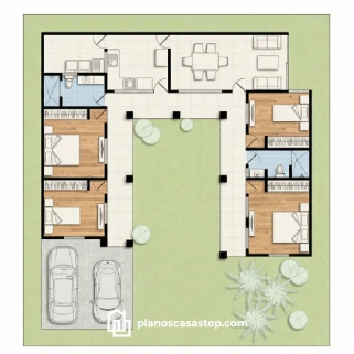 Planos de casa colonial cedros con cuatro recámaras, patio central, cochera doble y distribución funcional en forma de U.