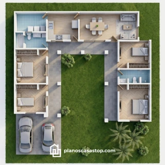 Vista aérea de planos de casa colonial cedros con distribución en U, patio central ajardinado, tres recámaras y garaje doble.
