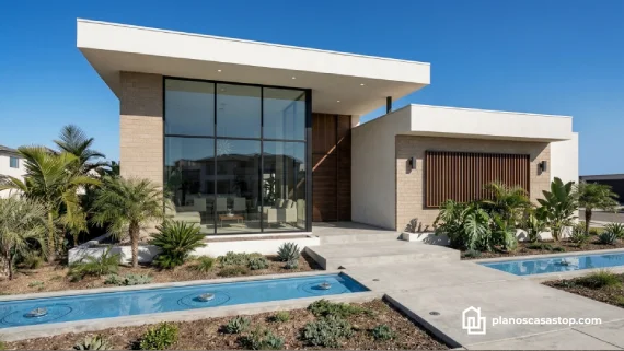 Fachada minimalista con ventanales y Planos de casa de 1 piso Porta moderna integrados al paisaje con fuentes.