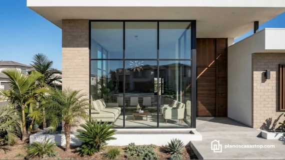 Fachada con ventanales y Planos de casa de 1 piso Porta moderna con acabados en madera y piedra.