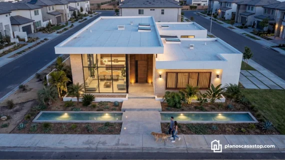 Fachada exterior inspirada en planos de casa de 1 piso Porta moderna con amplios ventanales y espejo de agua.