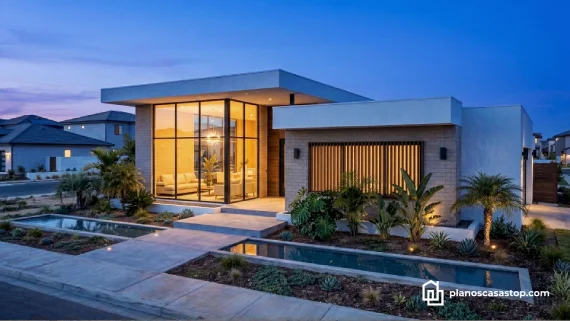 Planos de casa de 1 piso Porta moderna con fachada de cristal, espejos de agua y diseño contemporáneo al atardecer.