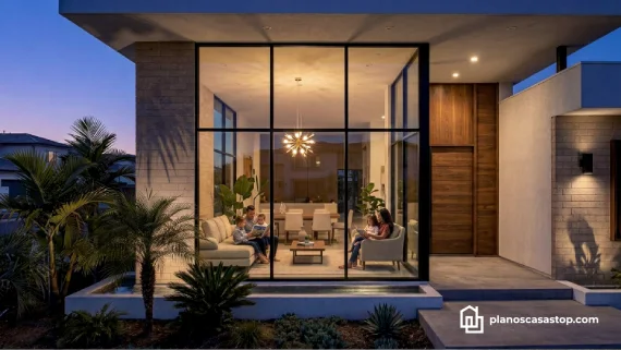 Fachada con ventanales de los Planos de casa de 1 piso Porta moderna con iluminación cálida y acabados en madera.