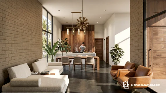 Interior cálido con ladrillo y madera visto en los Planos de casa de 1 piso Porta moderna.