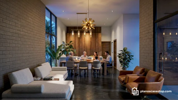 Interior acogedor basado en planos de casa de 1 piso Porta moderna con comedor abierto y paredes de ladrillo.