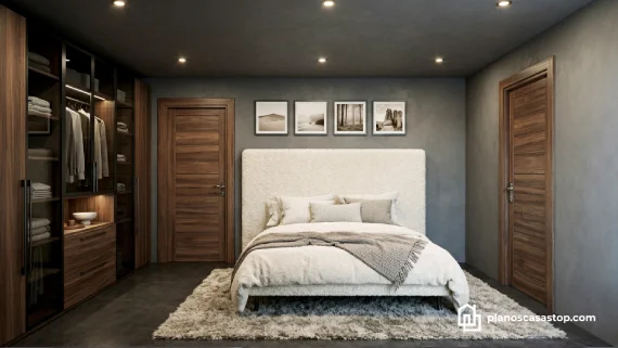 Dormitorio principal con vestidor y acabados en madera de los Planos de casa de 1 piso Porta moderna.