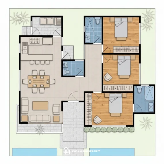 Distribución detallada de Planos de casa de 1 piso Porta moderna con tres habitaciones y espacios abiertos.