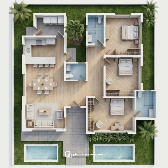 Vista 3D de Planos de casa de 1 piso Porta moderna con tres dormitorios, piscina y áreas verdes integradas.