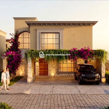 Planos de casa colonial Sauce: Elegancia y Estilo Rústico Fachada de casa colonial con buganvilias, muros de piedra y grandes ventanales. Diseño de Planos de casa colonial Sauce.