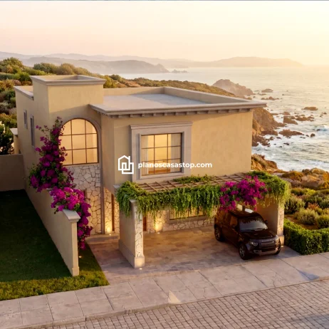 Planos de casa colonial Sauce: Elegancia Mediterránea Fachada de los Planos de casa colonial Sauce con acabados en piedra, arcos clásicos y una pérgola verde frente al mar.